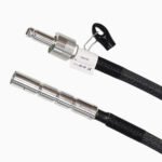 Optical fiber assembly with its two terminations beside a purchasing specification card